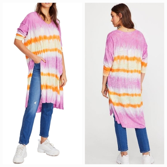 We The Free Free People Oversized Tie Dyed Striped Pamona Linen Blend Tshirt - Picture 1 of 8